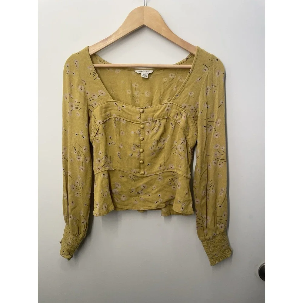 American Eagle Women's Floral Cottagecore Cropped Peasant Top Blouse Size XXS - Picture 1 of 5